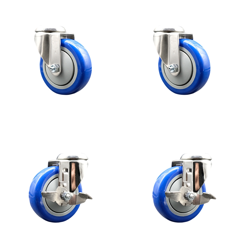 SCC-SS316BH20S414-PPUB-BLUE-2-TLB-2 Polyurethane Swivel Bolt Hole Caster with 4 in. Blue Caster Wheels - 316 Stainless Steel Casters - Set of 4