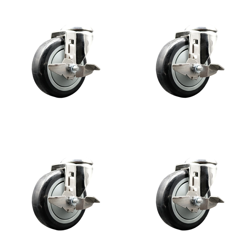 SCC-SS316BH20S414-PPUB-BLK-TLB-4 Polyurethane Swivel Bolt Hole Caster with 4 in. Black Caster Wheels 316 Stainless Steel Casters - Set of 4