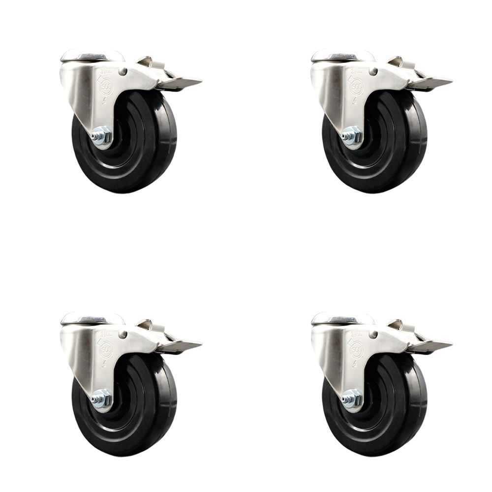 SCC-SS316BHTTL20S414-HRS-4 Hard Rubber Swivel Bolt Hole Caster with 4 in. Black Caster Wheels - 316 Stainless Steel Casters - Set of 4