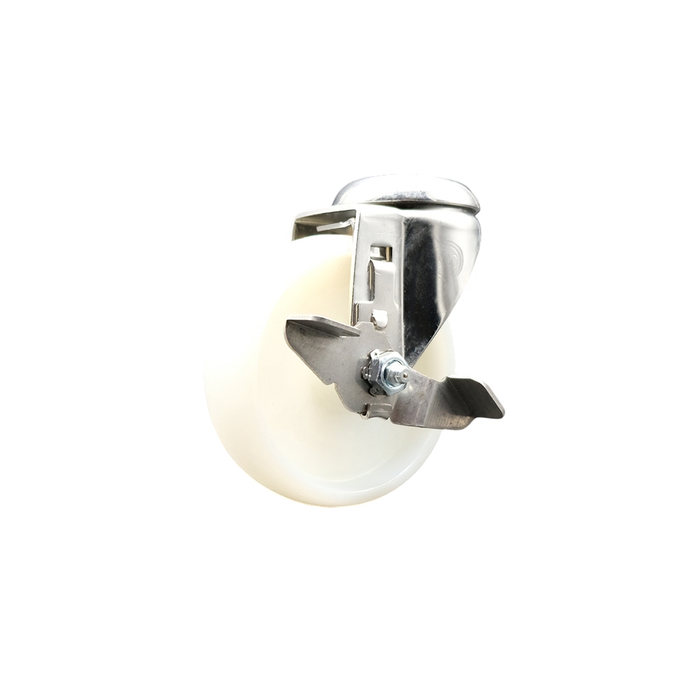 SCC-SS316BH20S414-NYS-TLB Nylon Swivel Bolt Hole Caster with 4 in. White Caster Wheel & Top Lock Brake - 316 Stainless Steel Caster
