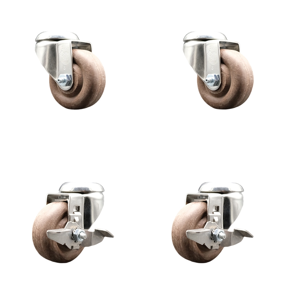 SCC-SS316BH20S314-GFNSHT-2-TLB-2 316 Stainless Steel High Temperature Glass Filled Nylon Swivel Bolt Hole Caster with 3 in. Brown Wheels - Set of 4