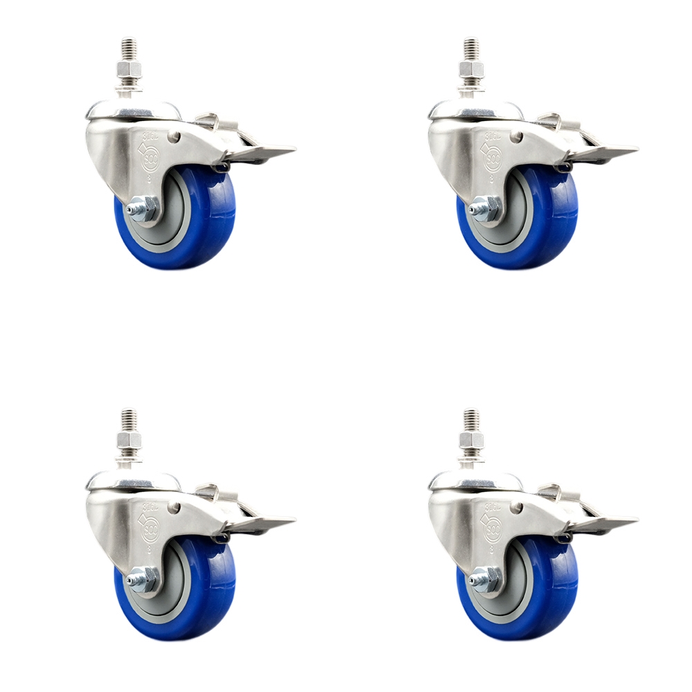 Polyurethane Swivel Stem Caster with 3 in. Blue Caster Wheels, 12 mm Threaded Stems - 316 Stainless Steel Casters - Set of 4