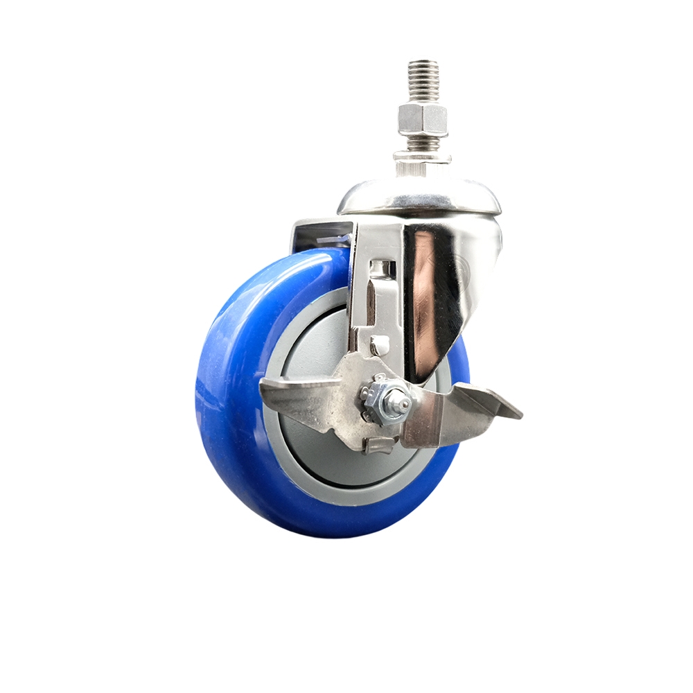 Polyurethane Swivel Stem Caster with 4 in. Blue Caster Wheels & Top Lock Brake, 12 mm Threaded Stem - 316 Stainless Steel Caster