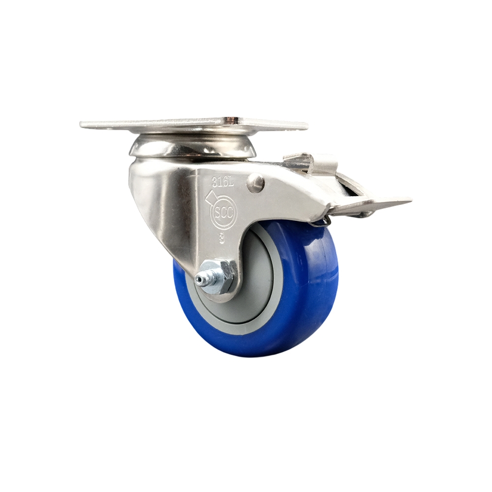 SCC-SS316TTL20S3514-PPUB-BLUE Polyurethane Swivel Top Plate Caster with 3.5 in. 316 Stainless Steel Blue Caster Wheel & Total Lock Brake