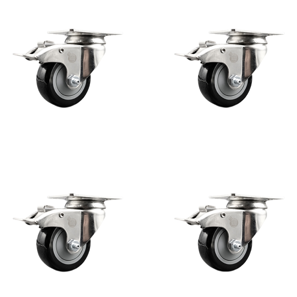 SCC-SS316TTL20S3514-PPUB-BLK-4 Polyurethane Swivel Top Plate Caster with 3.5 in. 316 Stainless Steel Black Wheels - Set of 4