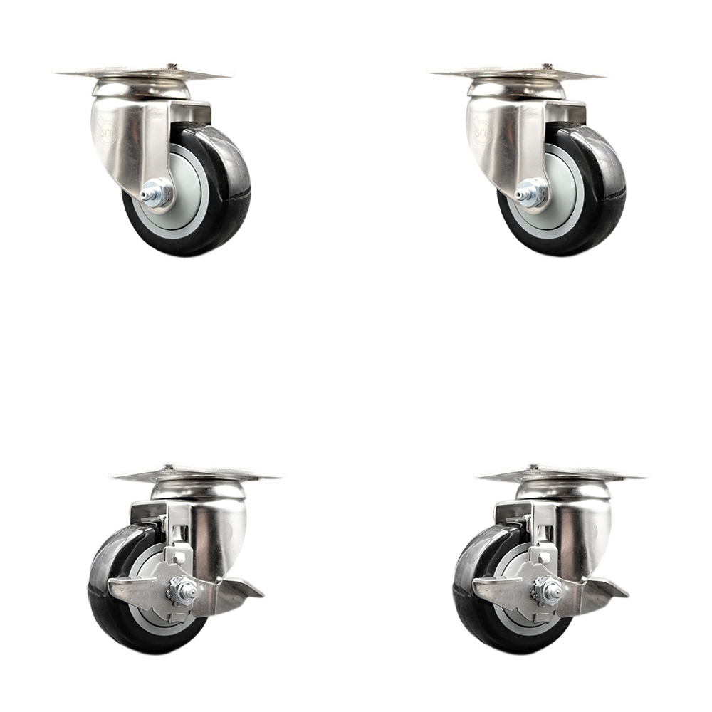 SCC-SS31620S3514-PPUB-BLK-2-TLB-2 Polyurethane Swivel Top Plate Caster with 3.5 in. 316 Stainless Steel Black Wheels - Set of 4
