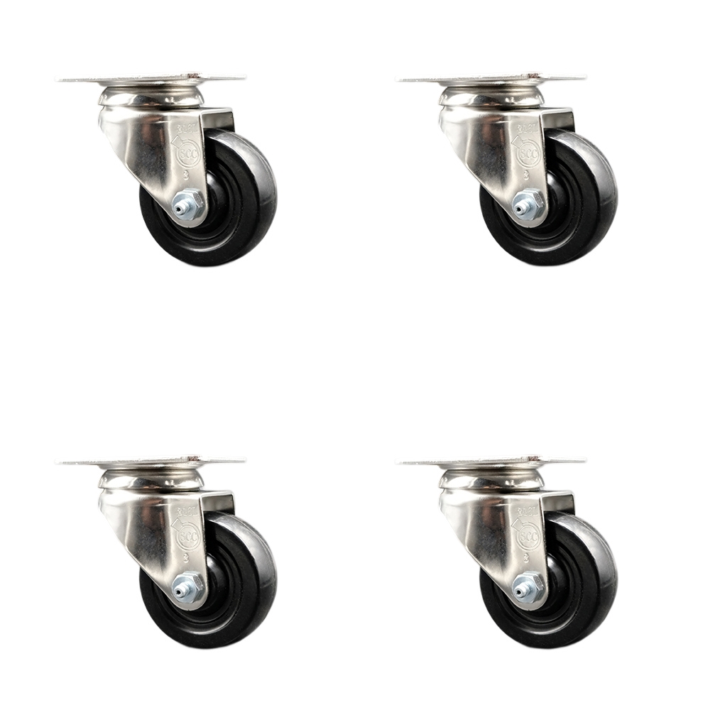 SCC-SS31620S314-HRS-4 Hard Rubber Swivel Top Plate Caster with 3 in. Black Caster Wheels - 316 Stainless Steel Casters - Set of 4