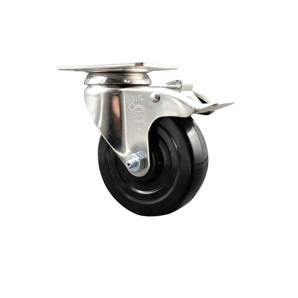 SCC-SS316TTL20S414-HRS Hard Rubber Swivel Top Plate Caster with 4 in. Black Caster Wheel & Total Lock Brake - 316 Stainless Steel Caster
