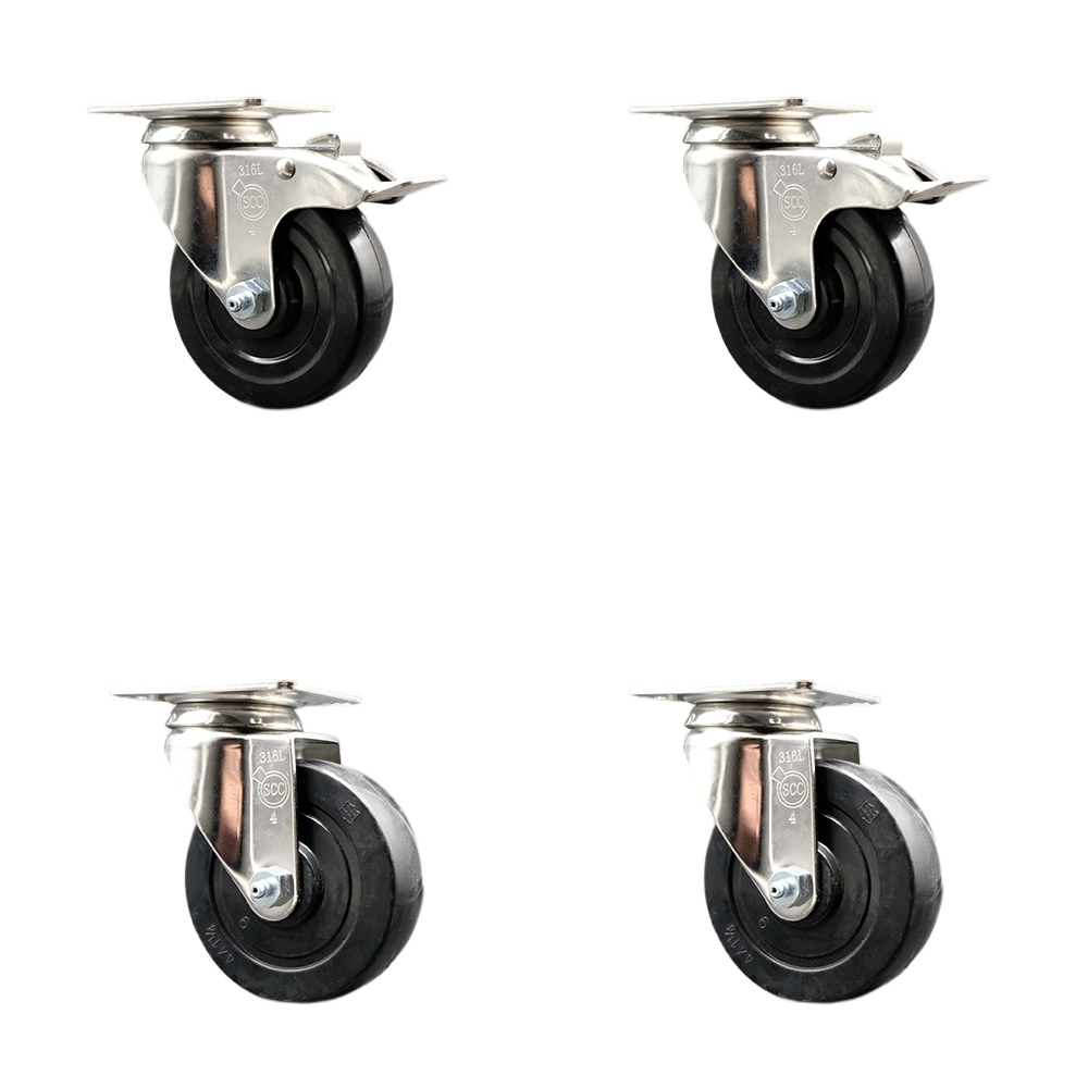 SCC-SS316TTL20S414-HRS-2-S-2 Hard Rubber Swivel Top Plate Caster with 4 in. Black Caster Wheels - 316 Stainless Steel Casters - Set of 4