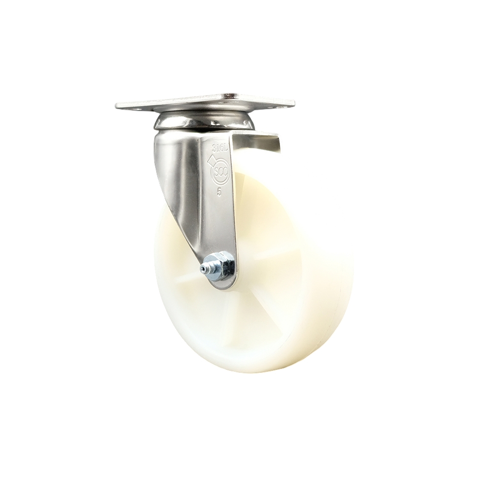 SCC-SS31620S514-NYS Nylon Swivel Top Plate Caster with 5 in. White Caster Wheel - 316 Stainless Steel Caster