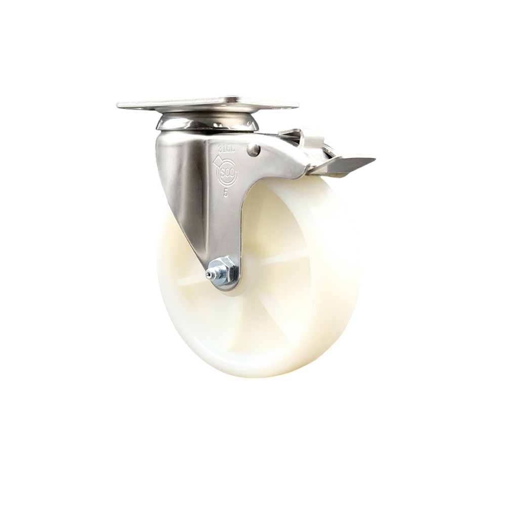SCC-SS316TTL20S514-NYS Nylon Swivel Top Plate Caster with 5 in. White Caster Wheel & Total Lock Brake - 316 Stainless Steel Caster