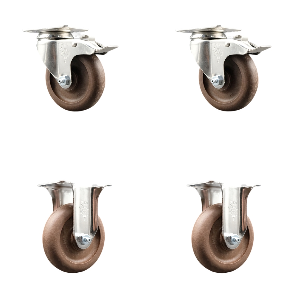 High Temperature Glass Filled Nylon Swivel Top Plate Caster with 4 in. Brown Caster Wheels - 316 Stainless Steel Casters - Set of 4