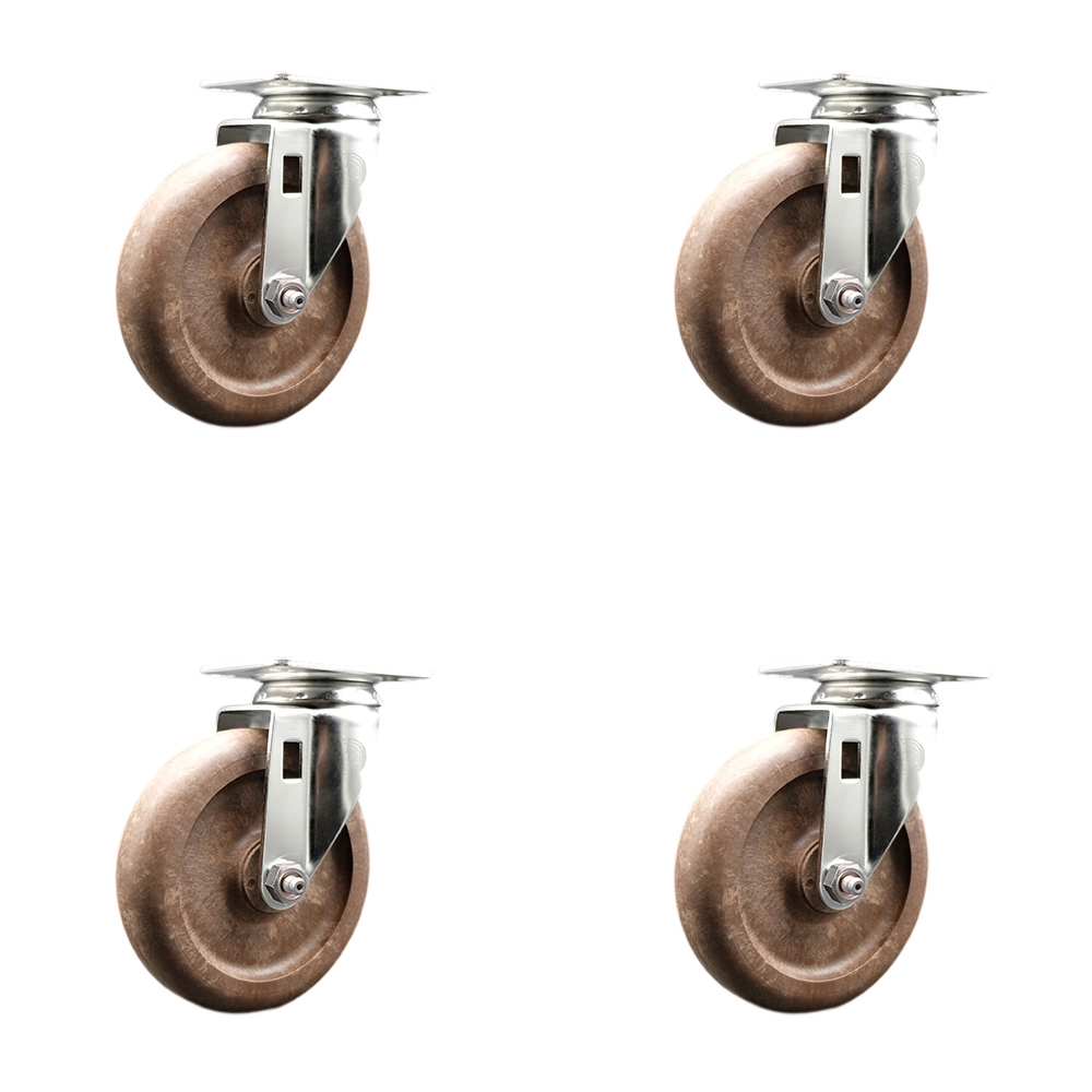 High Temperature Glass Filled Nylon Swivel Top Plate Caster with 5 in. Brown Caster Wheels - 316 Stainless Steel Casters - Set of 4
