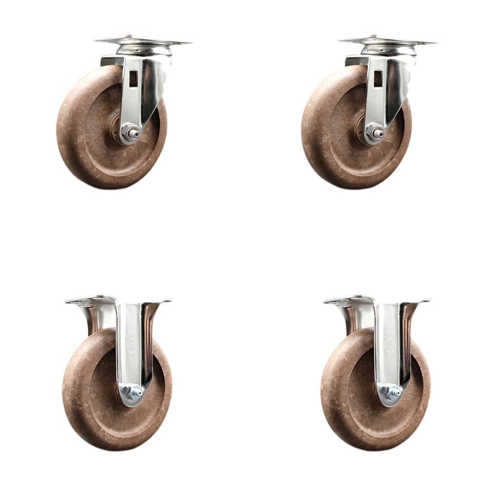 High Temperature Glass Filled Nylon Swivel Top Plate Caster with 5 in. Brown Caster Wheels - 316 Stainless Steel Casters - Set of 4