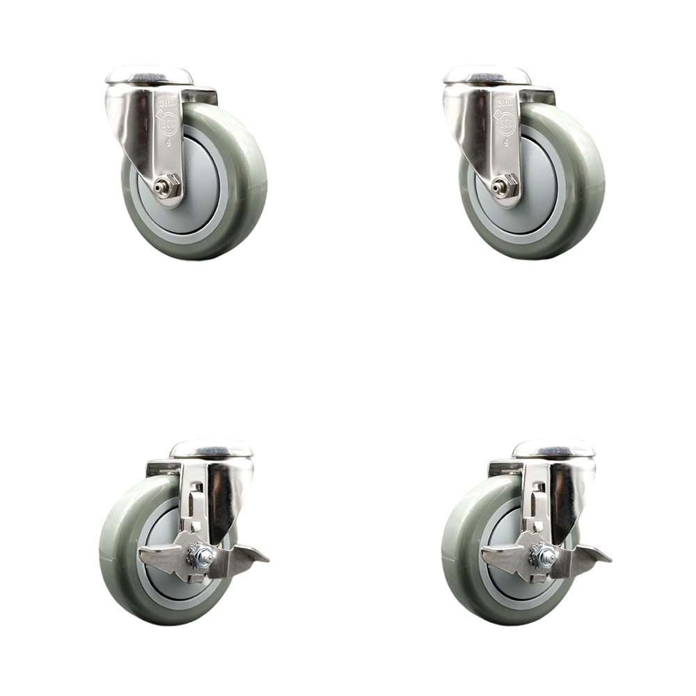 SCC-SS316BH20S414-PPUB-2-TLB-2 Polyurethane Swivel Bolt Hole Caster with 4 in. Gray Caster Wheels 316 Stainless Steel Casters - Set of 4