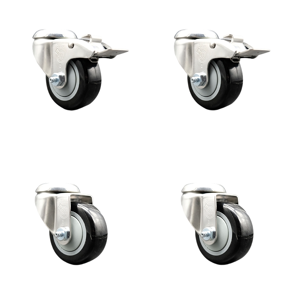 SCC-SS316BHTTL20S314-PPUB-BLK-2-S-2 Polyurethane Swivel Bolt Hole Caster with 3 in. Black Caster Wheels 316 Stainless Steel Casters - Set of 4