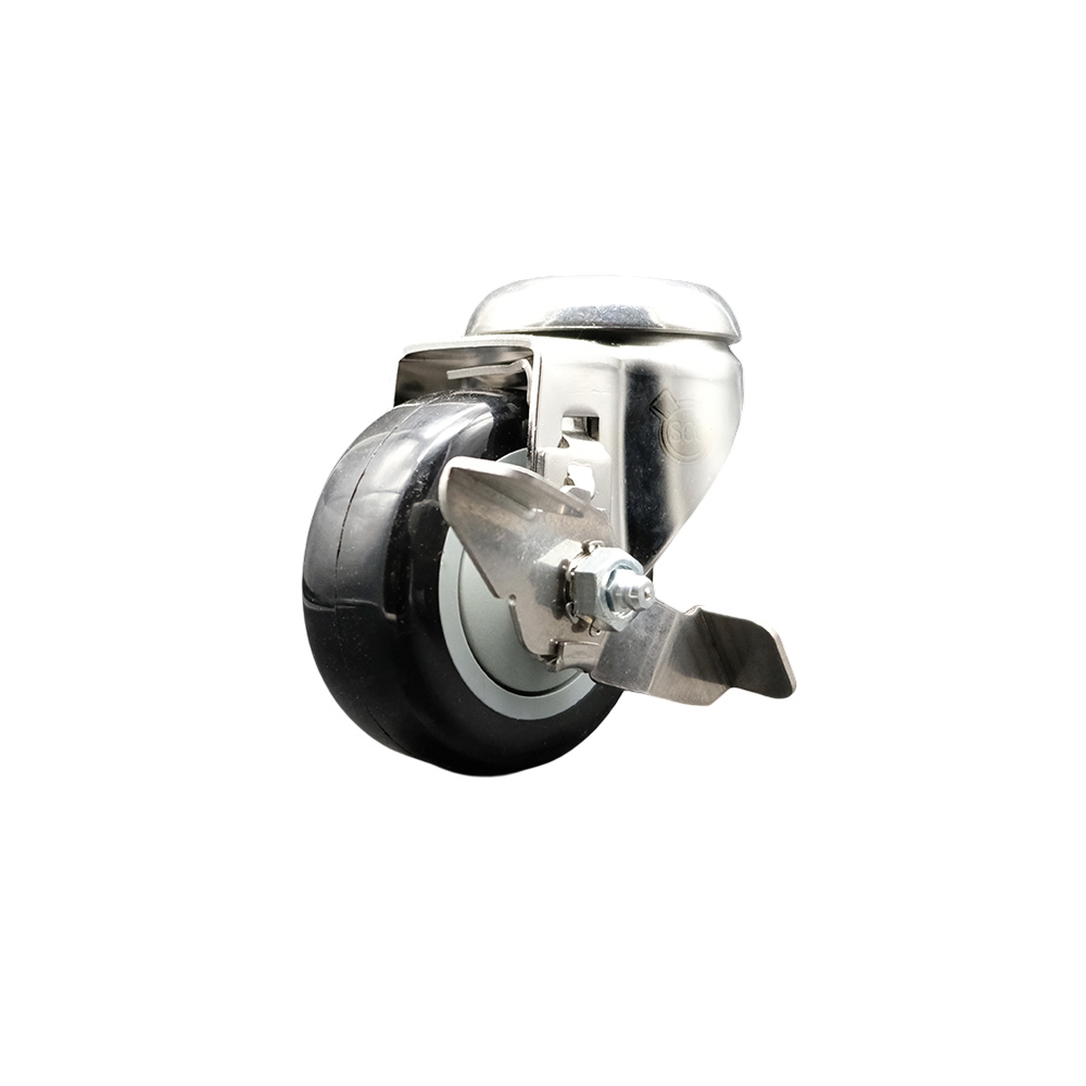 SCC-SS316BH20S3514-PPUB-BLK-TLB Polyurethane Swivel Bolt Hole Caster with 3.5 in. Black Caster Wheel & Top Lock Brake 316 Stainless Steel Caster