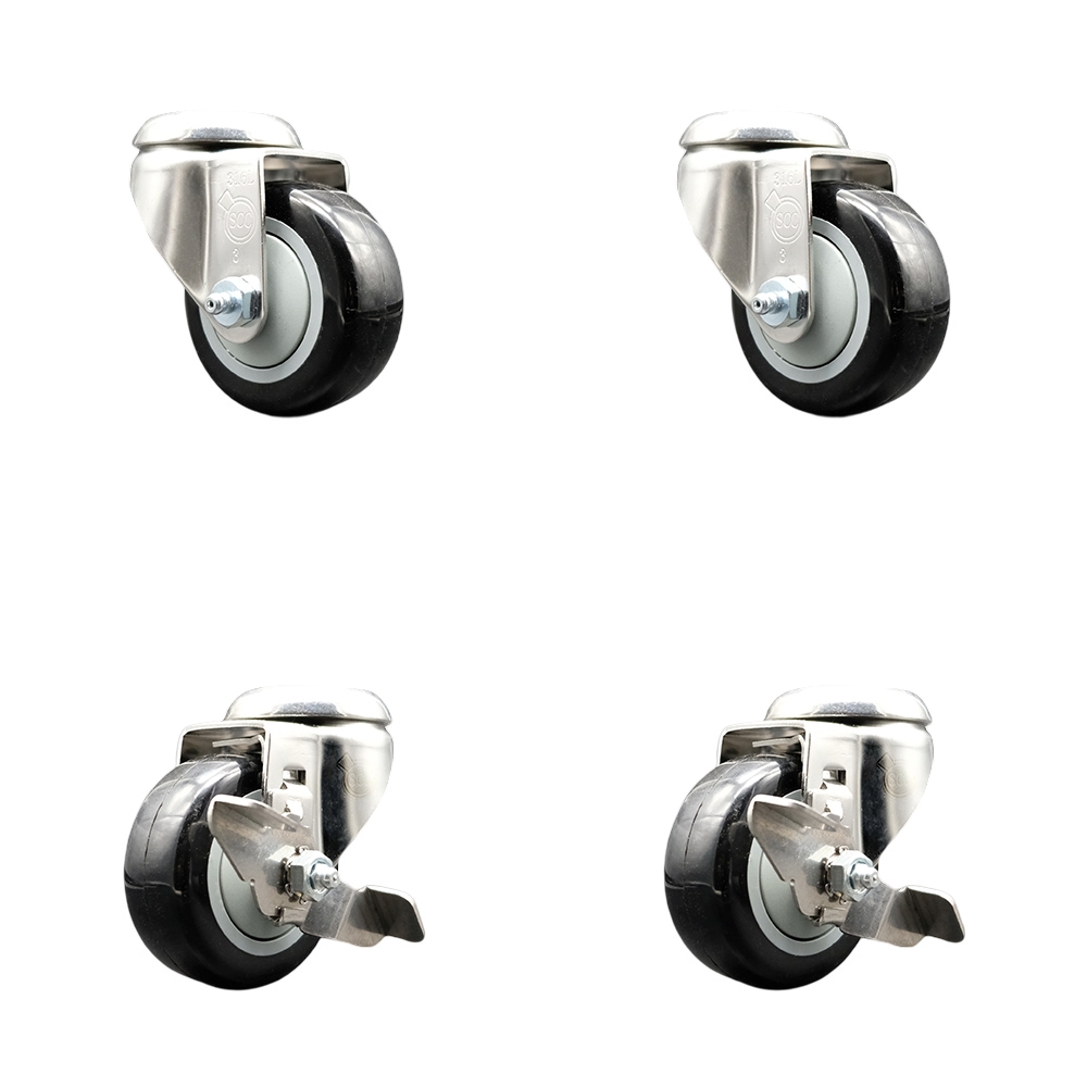 SCC-SS316BH20S3514-PPUB-BLK-2-TLB-2 Polyurethane Swivel Bolt Hole Caster with 3.5 in. Black Caster Wheels 316 Stainless Steel Casters - Set of 4