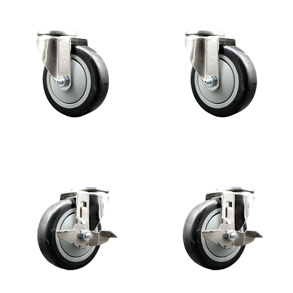 SCC-SS316BH20S414-PPUB-BLK-2-TLB-2 Polyurethane Swivel Bolt Hole Caster with 4 in. Black Caster Wheels 316 Stainless Steel Casters - Set of 4