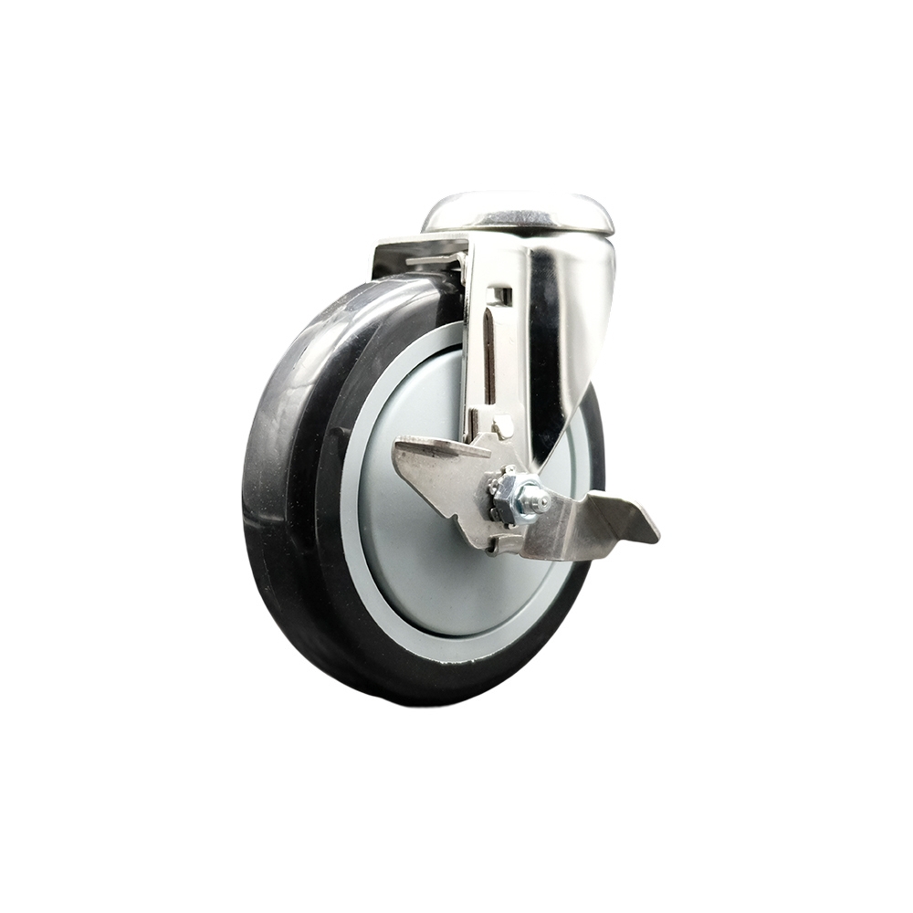 SCC-SS316BH20S514-PPUB-BLK-TLB Polyurethane Swivel Bolt Hole Caster with 5 in. Black Caster Wheel & Top Lock Brake 316 Stainless Steel Caster
