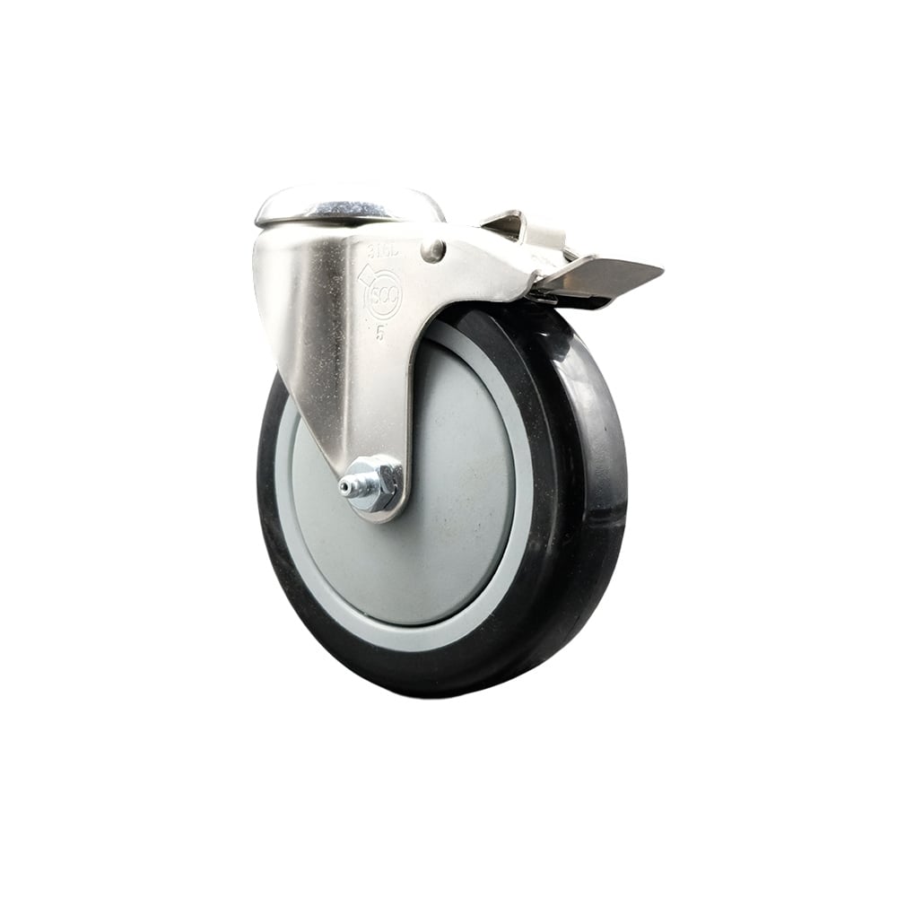 SCC-SS316BHTTL20S514-PPUB-BLK Polyurethane Swivel Bolt Hole Caster with 5 in. Black Caster Wheel & Total Lock Brake 316 Stainless Steel Caster
