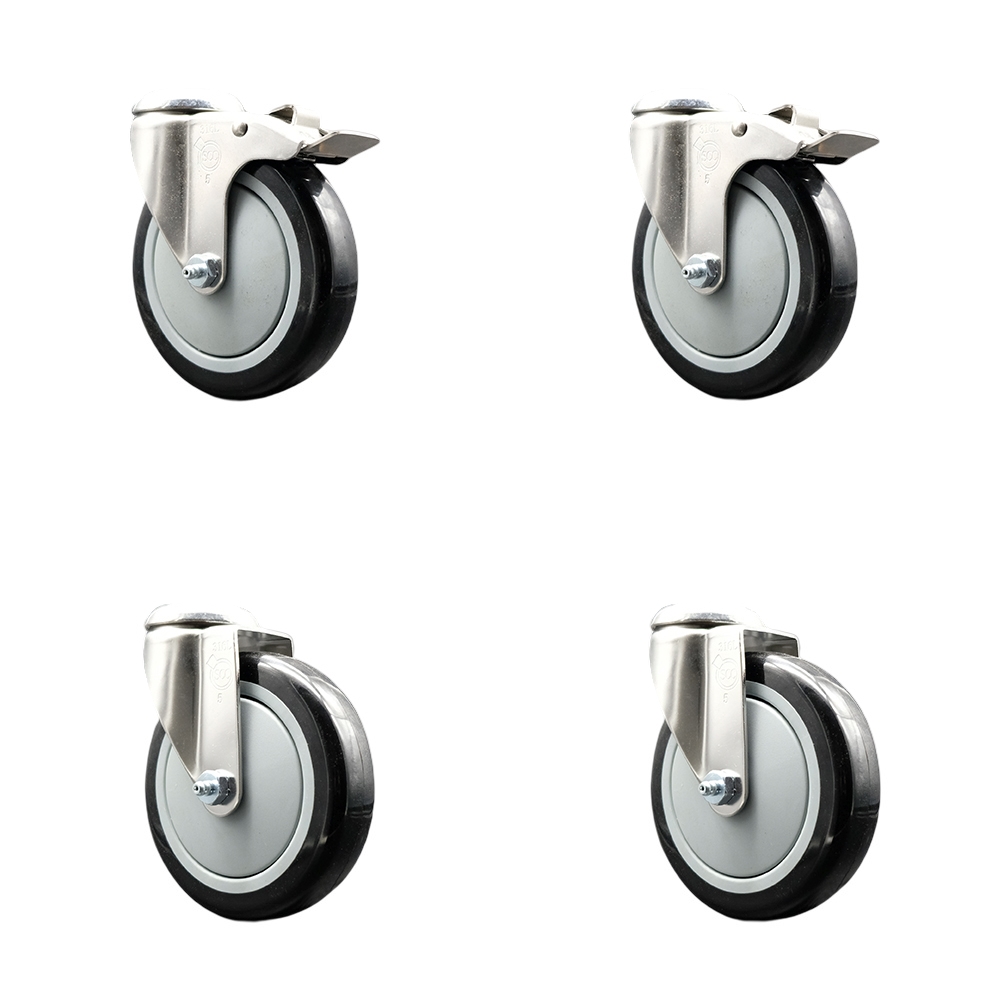 SCC-SS316BHTTL20S514-PPUB-BLK-2-S-2 Polyurethane Swivel Bolt Hole Caster with 5 in. Black Caster Wheels 316 Stainless Steel Casters - Set of 4