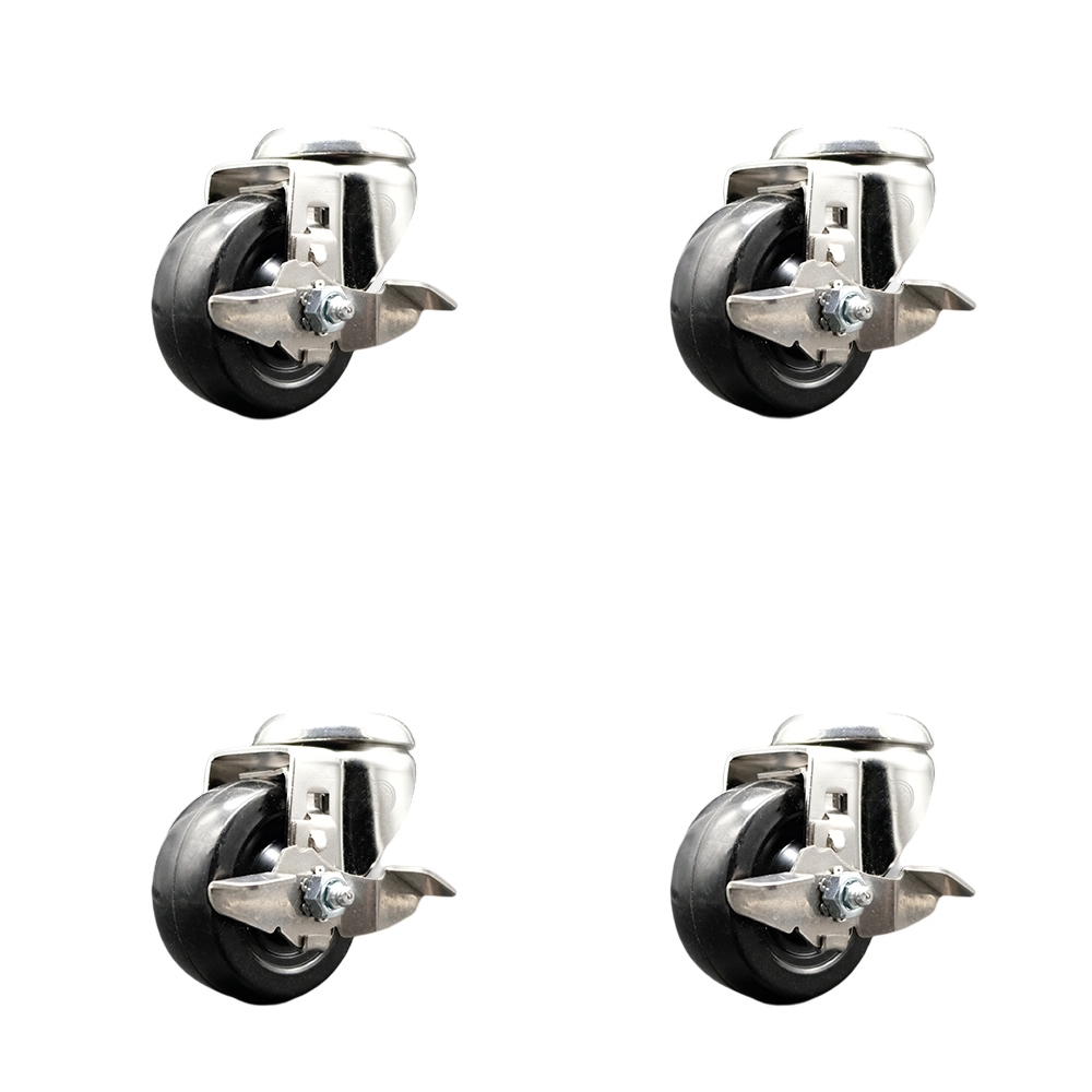 SCC-SS316BH20S314-HRS-TLB-4 Hard Rubber Swivel Bolt Hole Caster with 3 in. Black Caster Wheels - 316 Stainless Steel Casters - Set of 4