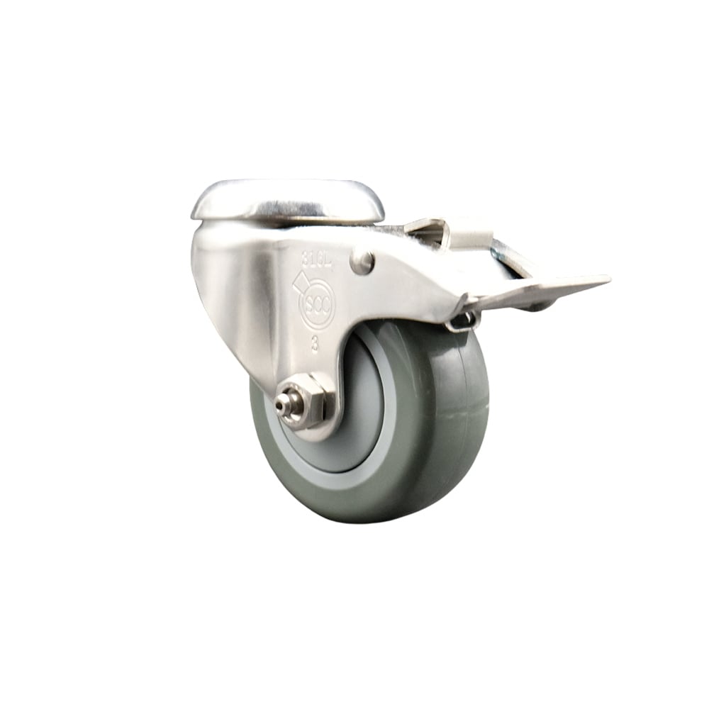 SCC-SS316BHTTL20S314-PPUB Polyurethane Swivel Bolt Hole Caster with 3 in. Gray Caster Wheel & Total Lock Brake 316 Stainless Steel Caster