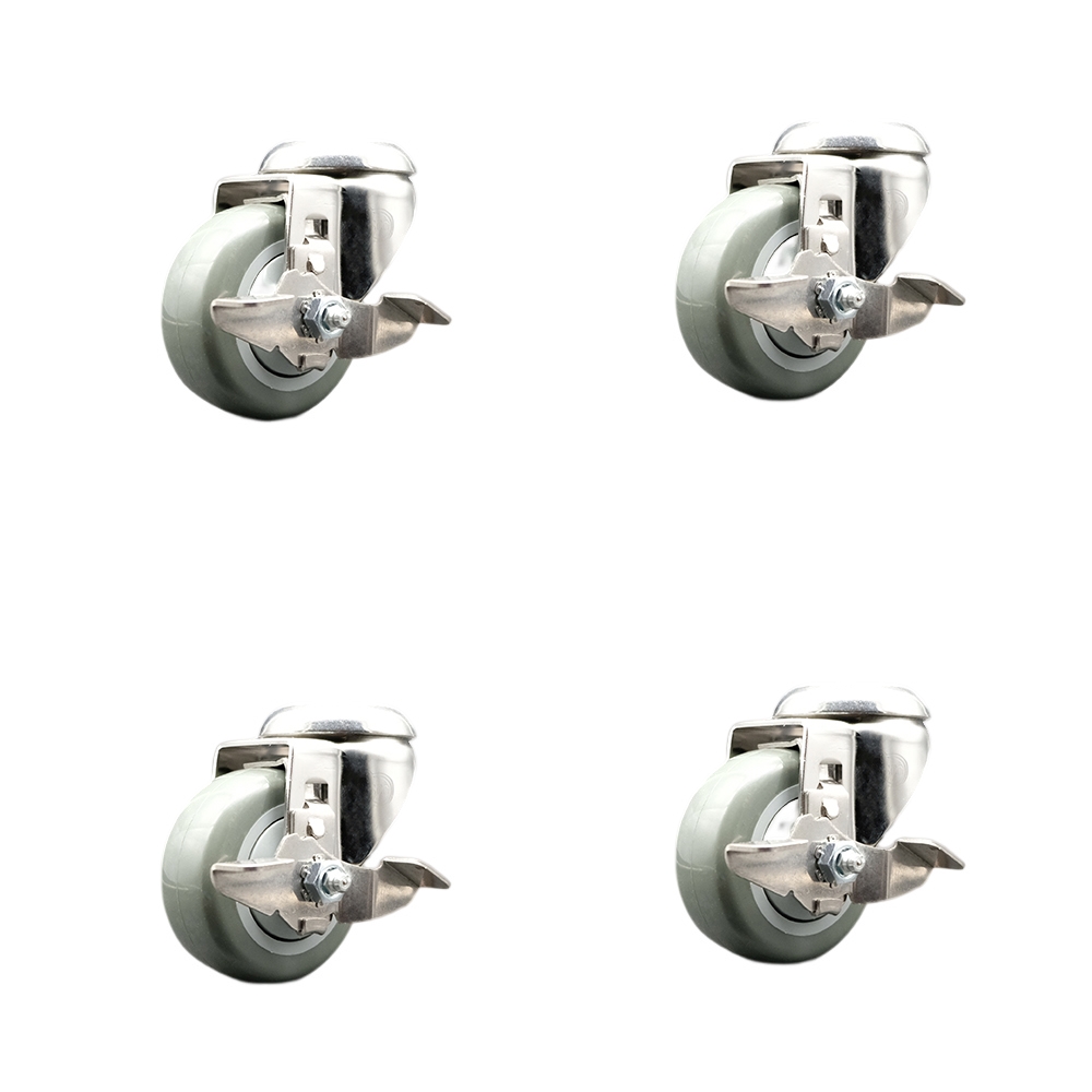 SCC-SS316BH20S314-PPUB-TLB-4 Polyurethane Swivel Bolt Hole Caster with 3 in. Gray Caster Wheels 316 Stainless Steel Casters - Set of 4