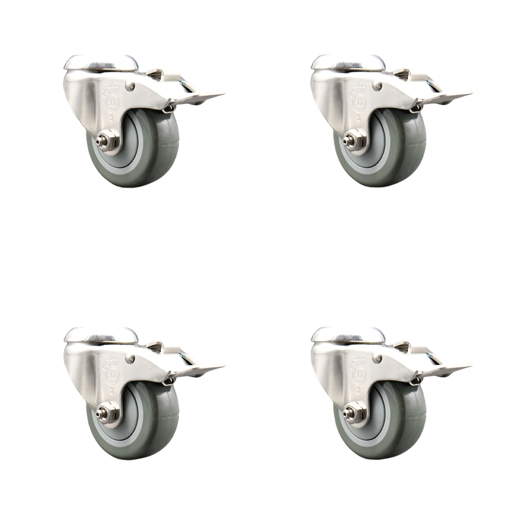SCC-SS316BHTTL20S3514-PPUB-4 Polyurethane Swivel Bolt Hole Caster with 3.5 in. Gray Caster Wheel 316 Stainless Steel - Set of 4