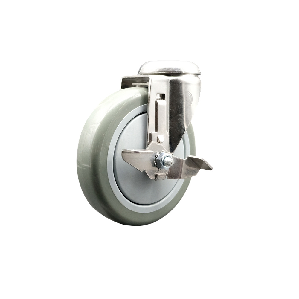 SCC-SS316BH20S514-PPUB-TLB Polyurethane Swivel Bolt Hole Caster with 5 in. Gray Caster Wheel & Top Lock Brake 316 Stainless Steel Caster