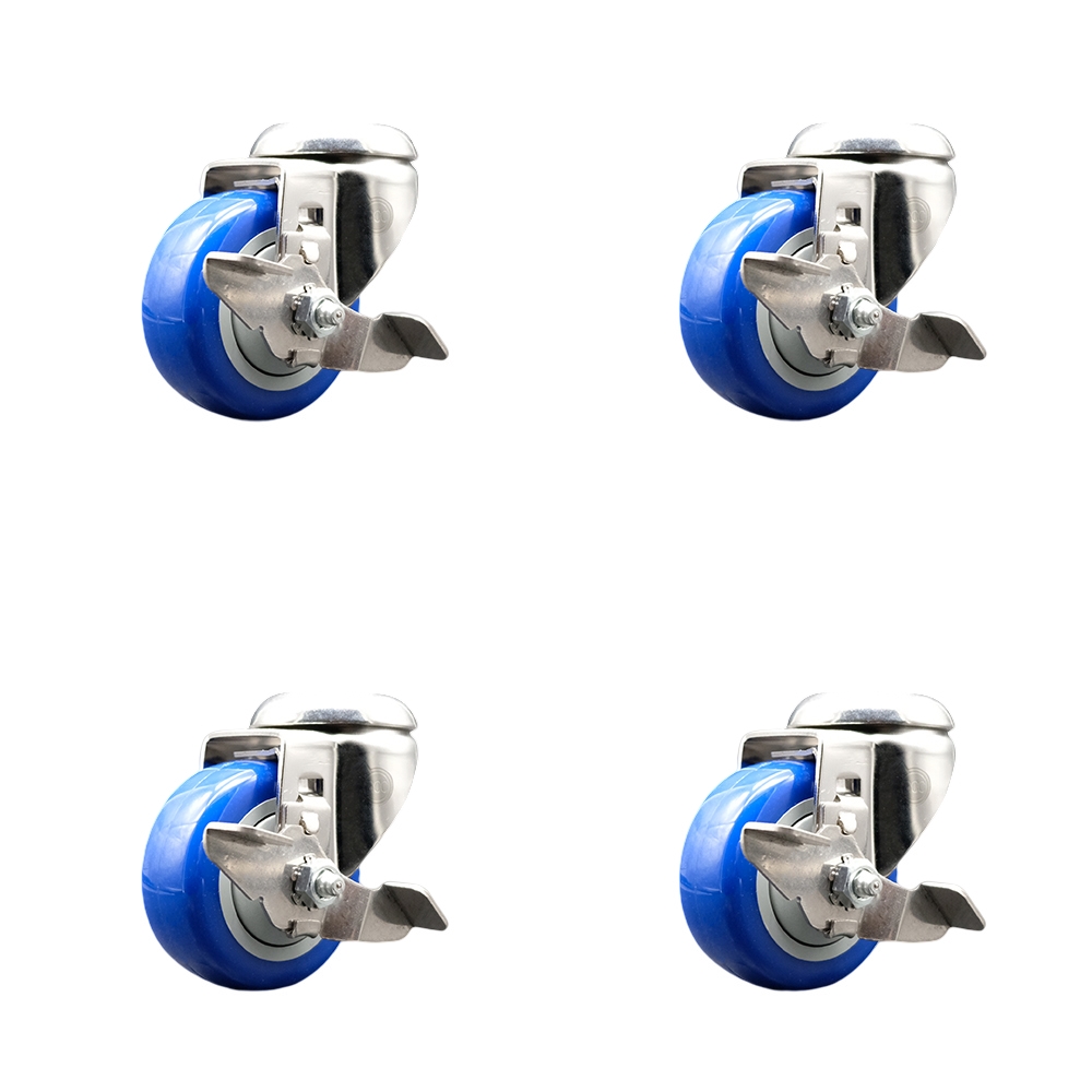 SCC-SS316BH20S314-PPUB-BLUE-TLB-4 Polyurethane Swivel Bolt Hole Caster with 3 in. Blue Caster Wheels - 316 Stainless Steel Casters - Set of 4