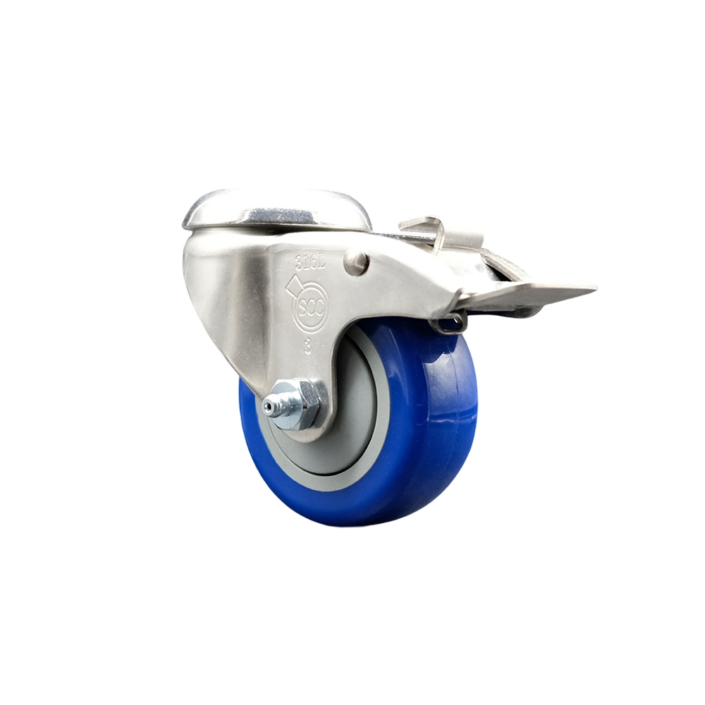 SCC-SS316BHTTL20S3514-PPUB-BLUE Polyurethane Swivel Bolt Hole Caster with 3.5 in. Blue Caster Wheel & Total Lock Brake - 316 Stainless Steel Caster