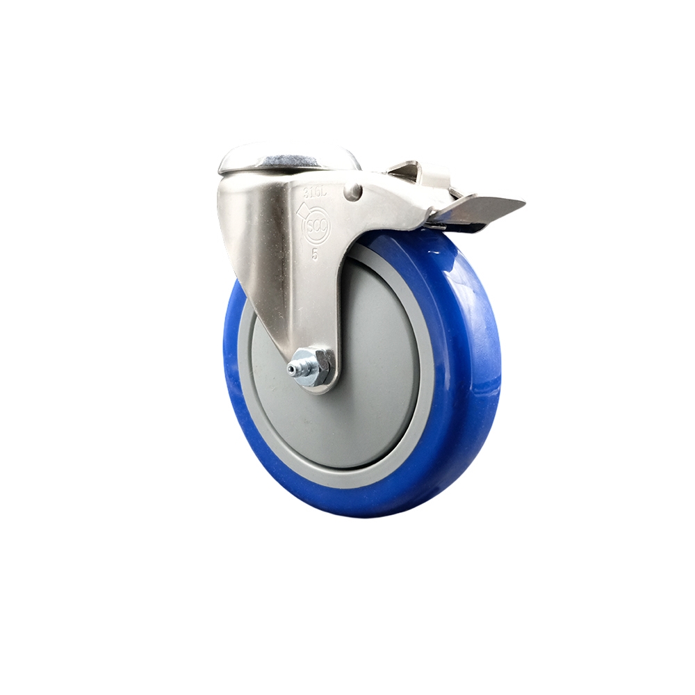 SCC-SS316BHTTL20S514-PPUB-BLUE Polyurethane Swivel Bolt Hole Caster with 5 in. Blue Caster Wheel & Total Lock Brake - 316 Stainless Steel Caster