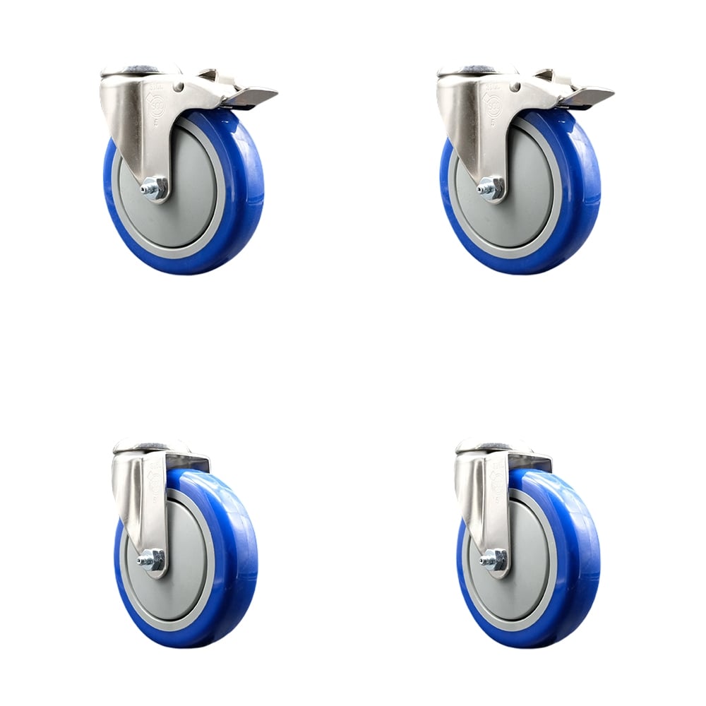 SCC-SS316BHTTL20S514-PPUB-BLUE-2-S-2 Polyurethane Swivel Bolt Hole Caster with 5 in. Blue Caster Wheels - 316 Stainless Steel Casters - Set of 4