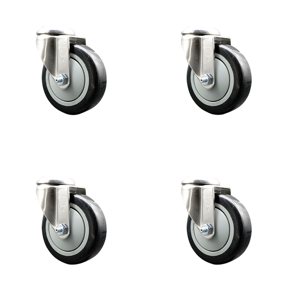 SCC-SS316BH20S414-PPUB-BLK-4 Polyurethane Swivel Bolt Hole Caster with 4 in. Black Caster Wheels 316 Stainless Steel Casters - Set of 4