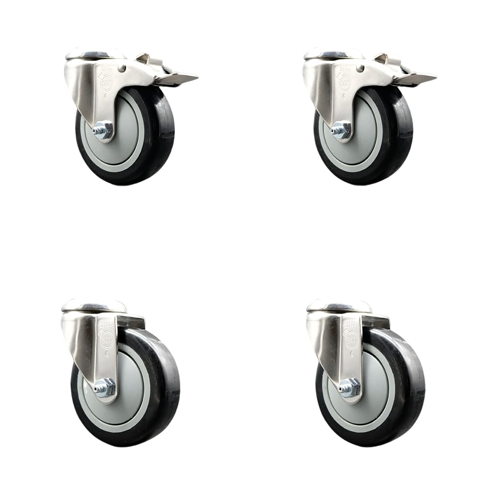 SCC-SS316BHTTL20S414-PPUB-BLK-2-S-2 Polyurethane Swivel Bolt Hole Caster with 4 in. Black Caster Wheels 316 Stainless Steel Casters - Set of 4