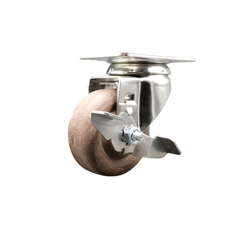 High Temperature Glass Filled Nylon Swivel Bolt Hole Caster with 3.5 in. Brown Caster Wheel & Top Lock Brake - 316 Stainless Steel Caster
