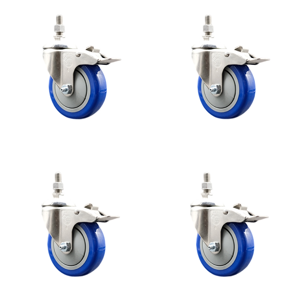 Polyurethane Swivel Stem Caster with 4 in. Blue Caster Wheels, 0.5 in. Threaded Stems - 316 Stainless Steel Casters - Set of 4