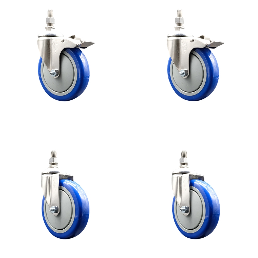 Poly Swivel Stem Caster with 5 in. Blue Caster Wheels, 0.5 in. Threaded Stems - 316 Stainless Steel Casters - Set of 4