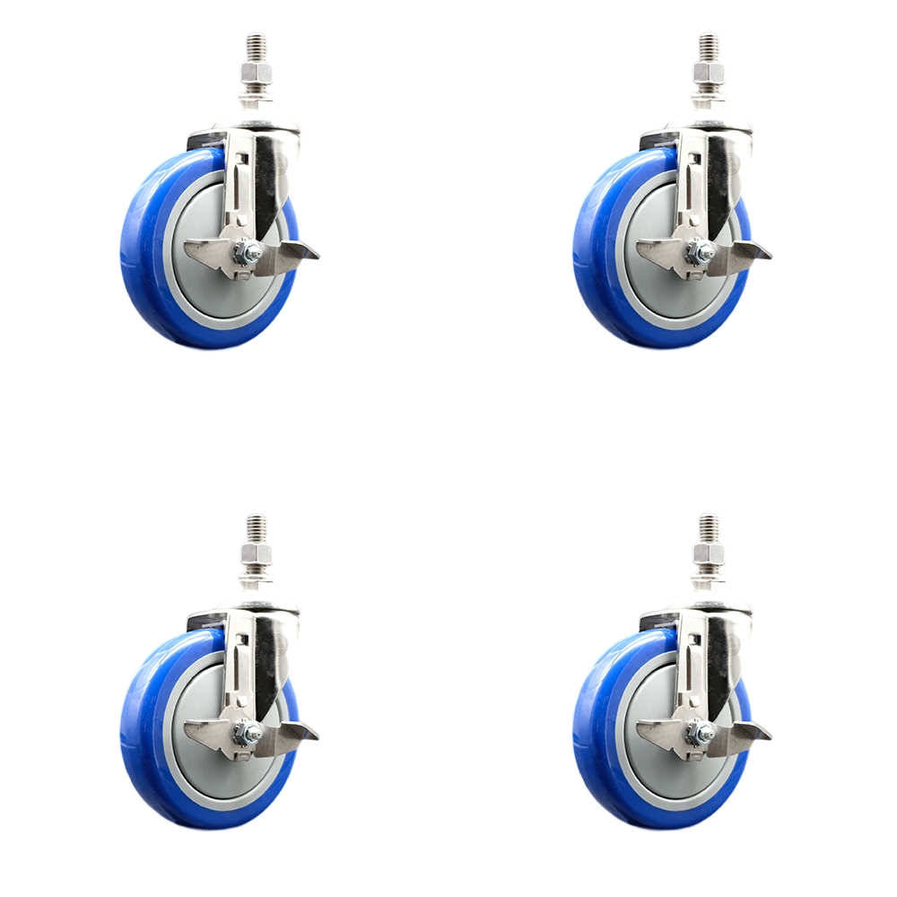 Polyurethane Swivel Stem Caster with 5 in. Blue Caster Wheels, 0.38 in. Threaded Stems - 316 Stainless Steel Casters - Set of 4