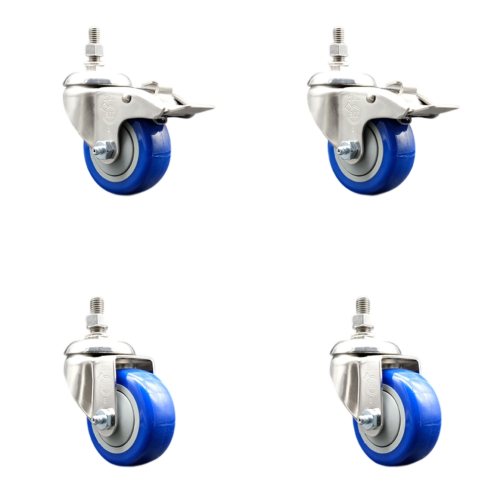 Poly Swivel Stem Caster with 3 in. Blue Caster Wheels, 10 mm Threaded Stems - 316 Stainless Steel Casters - Set of 4