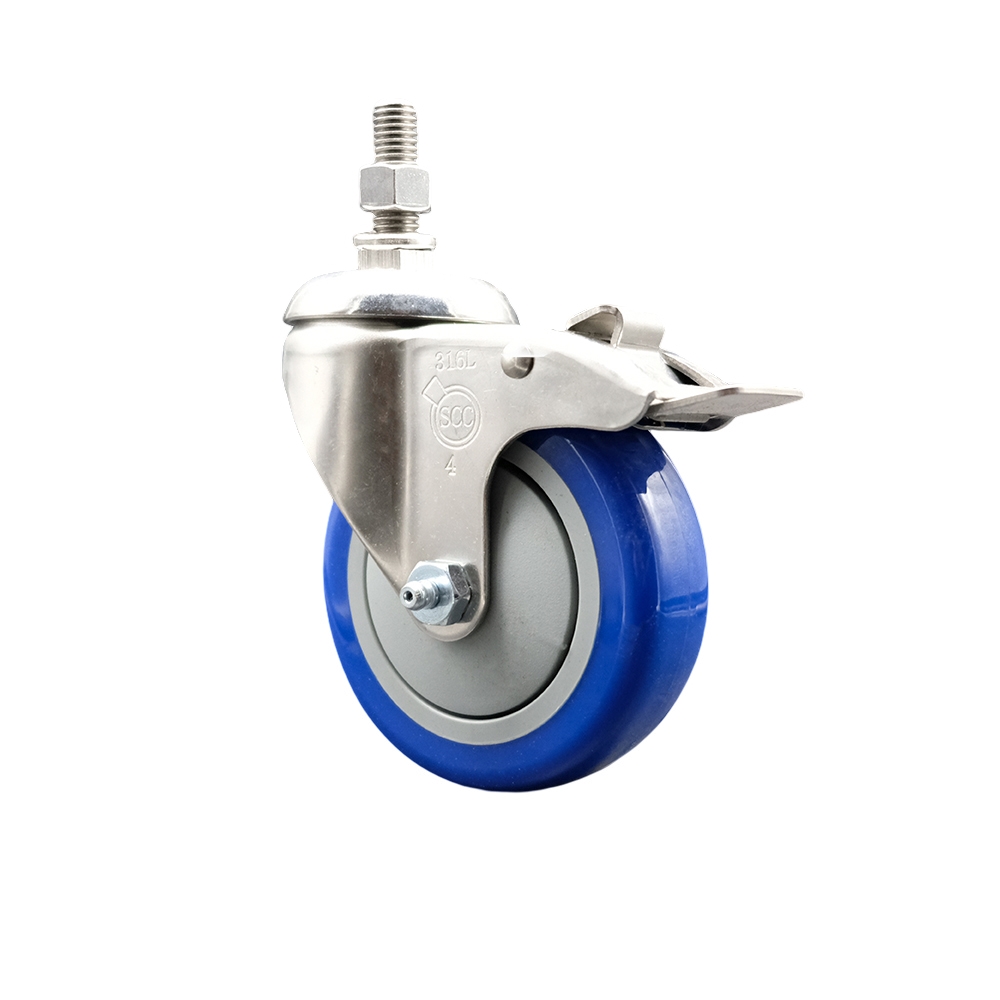 Polyurethane Swivel Stem Caster with 4 in. Blue Caster Wheels & Total Lock Brake, 10 mm Threaded Stem - 316 Stainless Steel Caster