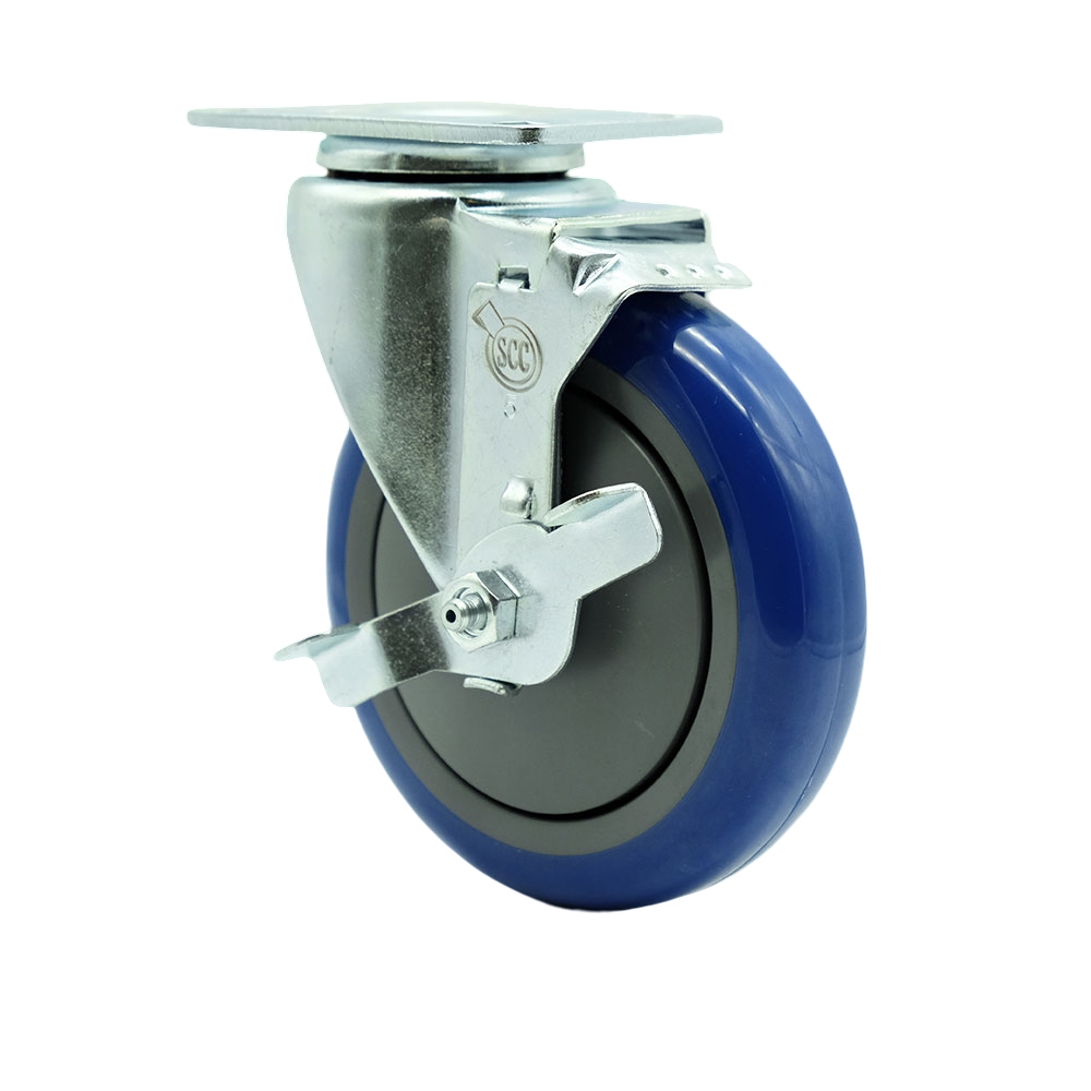 SCC-20S514-PPUB-BLUE-TLB Polyurethane Swivel Top Plate Swivel Caster with 5 in. Blue Wheel & Top Locking Brake