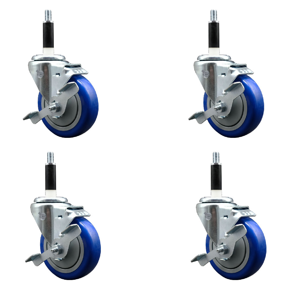 Stainless Steel Polyurethane Swivel Expanding Stem Caster with 4 in. Blue Wheels & 0.87 in. Stems 4 Swivel with Top Locking Brake - Set of 4
