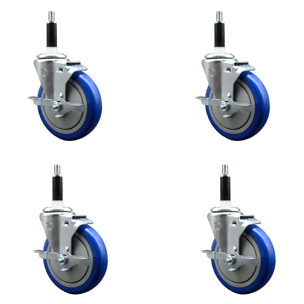 Stainless Steel Polyurethane Swivel Expanding Stem Caster with 5 in. Blue Wheels & 0.87 in. Stems 4 Swivel with Top Locking Brake - Set of 4