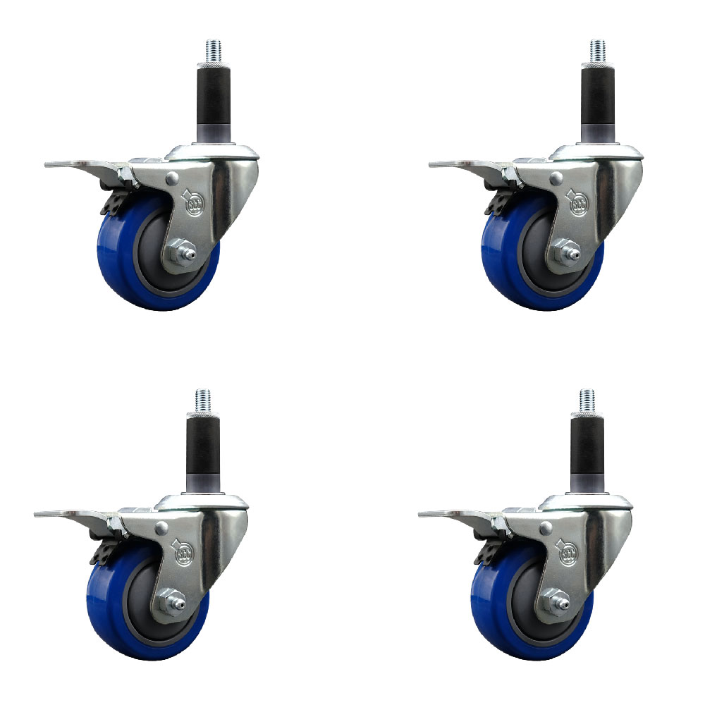 Stainless Steel Polyurethane Swivel Expanding Stem Caster with 3 in. Blue Wheel & 1.13 in. Stems 4 Swivel with Total Locking Brake - Set of 4