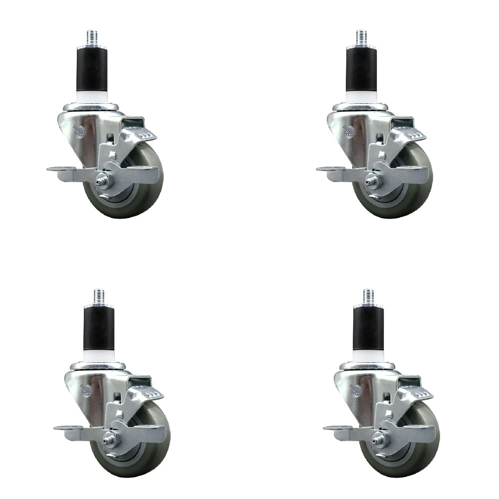 Stainless Steel Polyurethane Swivel Expanding Stem Caster with 3 in. Gray Wheels & 1.5 in. Stems 4 Swivel with Top Locking Brakes - Set of 4