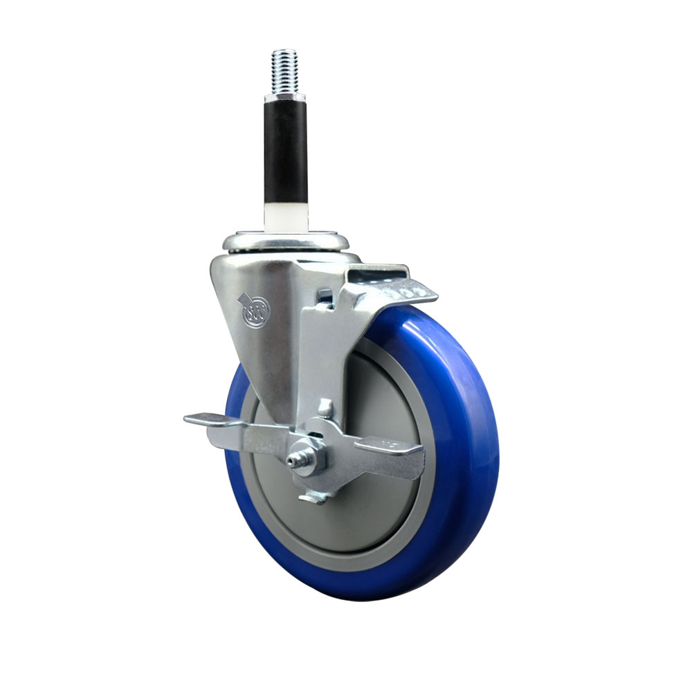 SCC-SSEX20S514-PPUB-BLUE-TLB-78 Stainless Steel Polyurethane Expanding Stem Swivel Caster with 5 in. Blue Wheel & 0.87 in. Stem & Top Locking Brake