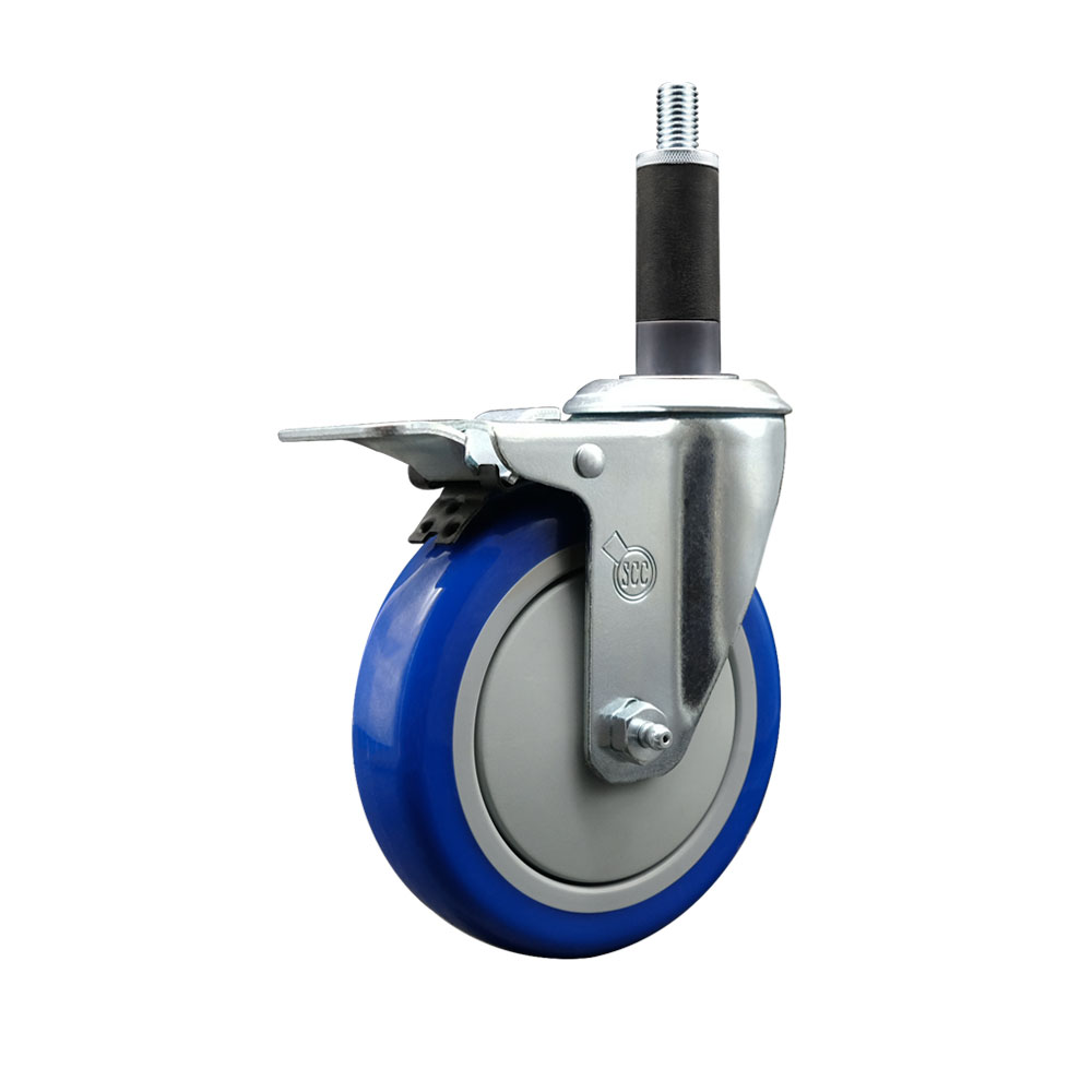 SCC-SSEXTTL20S514-PPUB-BLUE-1 Stainless Steel Polyurethane Expanding Stem Swivel Caster with 5 in. Blue Wheel & 1 in. Stem & Total Locking Brake